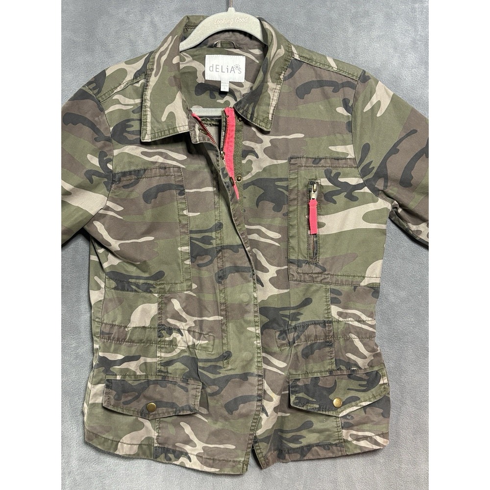 Delia’s Military Womens Camo Jacket  Pink Zippers And Drawstring Y2K Size Large